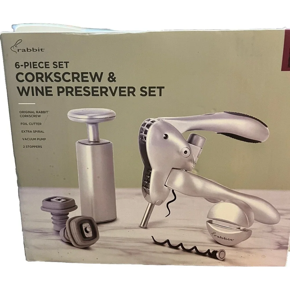 Rabbit Corkscrew & Wine Preserver Vacuum Pump 6 Piece Set Pre-owned In Box